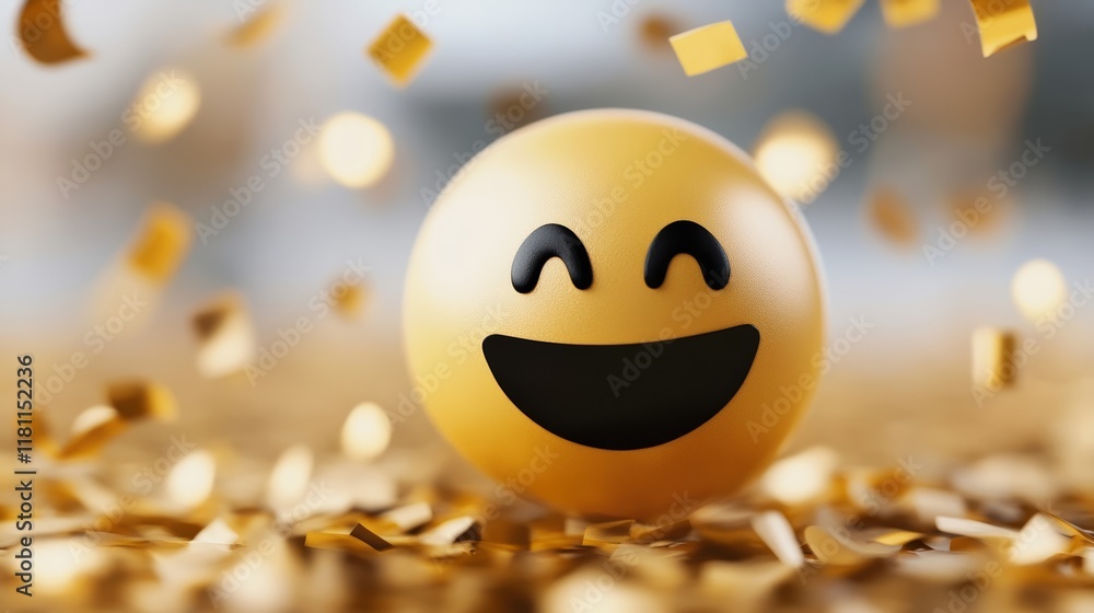 Poster a smiling emoji surrounded by sparkling golden confetti on a bright gradient background symbolizing 