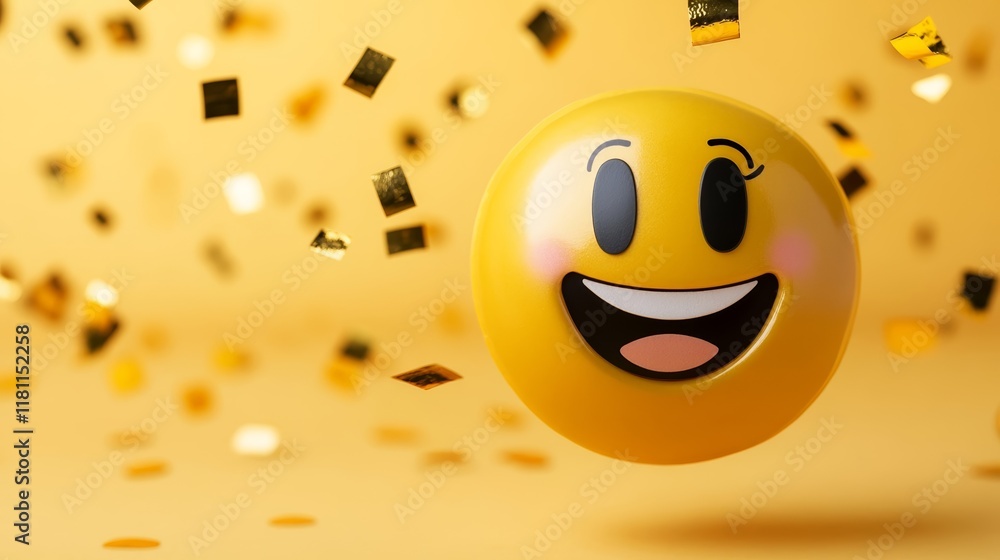 Poster a smiling emoji surrounded by sparkling golden confetti on a bright gradient background symbolizing 