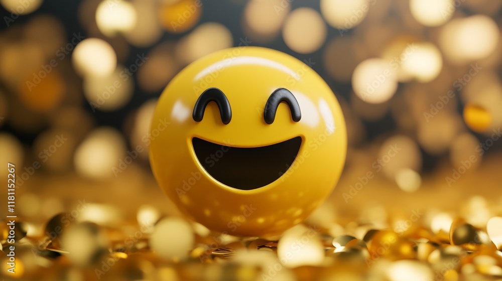 Poster a smiling emoji surrounded by sparkling golden confetti on a bright gradient background symbolizing 