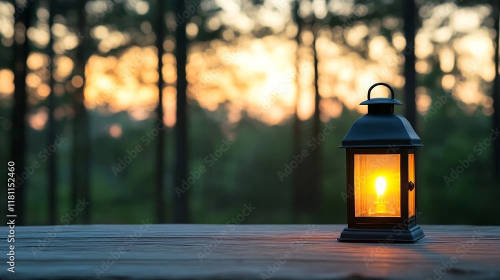 Poster a single lit lantern resting on a wooden table with silhouettes of trees in the background, symboliz