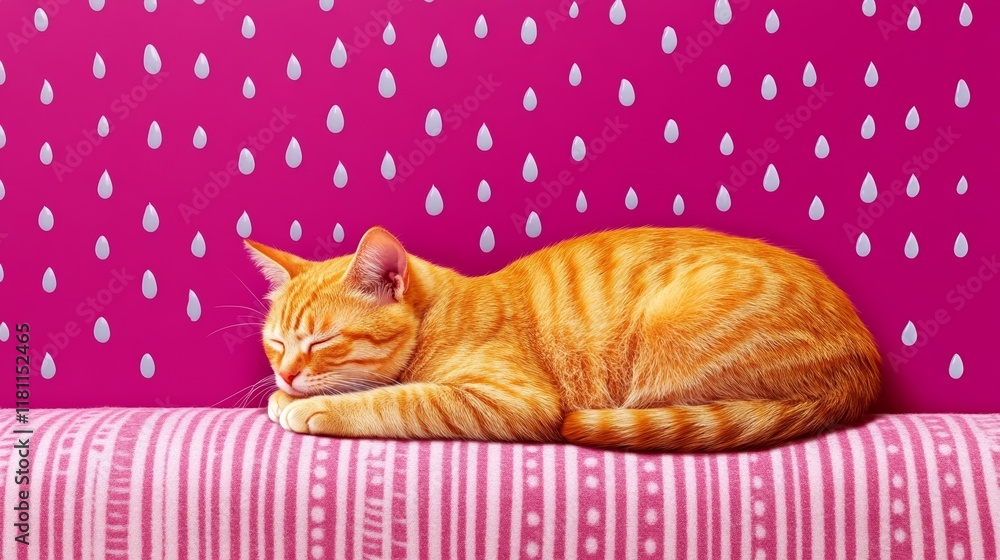 Aufkleber a sleeping cat curled up on a stack of cozy blankets by a window with raindrops softly falling outsi