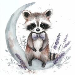 Cute raccoon wearing a bow tie sits on a crescent moon surrounded by lavender plants