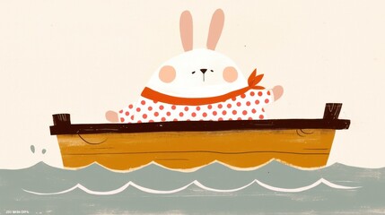 Rabbit watercolor concept. Chubby Rabbit Floating in a Wooden Boat on a Whimsical Waterway Adventure