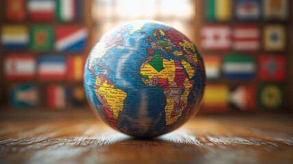 Global Connections: A miniature world globe sits on a wooden surface, with a backdrop of numerous national flags symbolizing international relations and global interconnectedness.