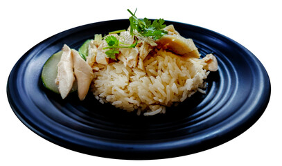 A collage of tasty chicken rice is isolated on a PNG background—delicious soy sauce chicken rice from a hawker stall in Singapore.