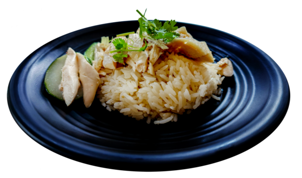A collage of tasty chicken rice is isolated on a PNG background—delicious soy sauce chicken rice from a hawker stall in Singapore.