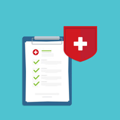 Obraz premium Medical healthcare insurance. Red shield on patient protection policy and pen. Medicine symbol. 