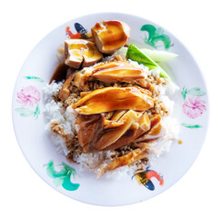 A collage of tasty chicken rice is isolated on a PNG background—delicious soy sauce chicken rice...