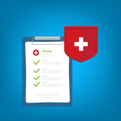 Obraz premium Medical healthcare insurance. Red shield on patient protection policy and pen. Medicine symbol. 