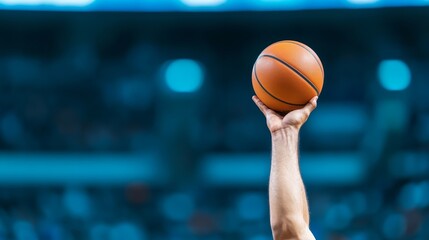 Naklejka premium A referee’s hand holding up a bright orange basketball ready for tip-off against a blurred arena background for March Madness themes 