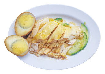 A collage of tasty chicken rice is isolated on a PNG background—delicious soy sauce chicken rice from a hawker stall in Singapore.