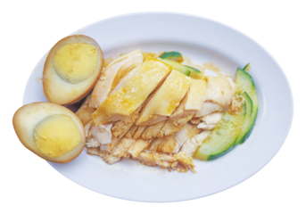 A collage of tasty chicken rice is isolated on a PNG background—delicious soy sauce chicken rice from a hawker stall in Singapore.