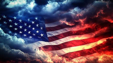 American flag digital illustration waving in sky with stars and stripes, dramatic stormy atmosphere with scattered white and gray clouds