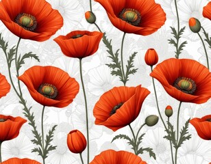 Vibrant Red Poppies Seamless Pattern: Botanical Illustration with Detailed Floral Design