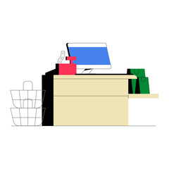  Point Of Sale Counter With Monitor And Shopping Bags In Flat Vector Illustration Symbolizing Retail Transactions And Commerce, Isolated On White Background