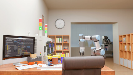 3D render: View of robot engineer's desktop , Model of AGV (automated guided vehicle) with Cobot (collaborative robot) are being programmed in ofice.