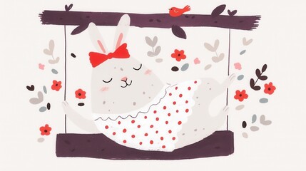 Rabbit watercolor concept. Cozy Bunny Relaxing on a Garden Swing Surrounded by Watercolor Florals