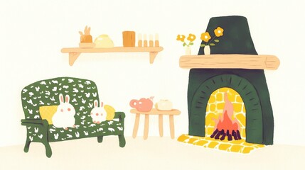 Rabbit watercolor concept. Cozy Cabin Interior with Charming Bunny