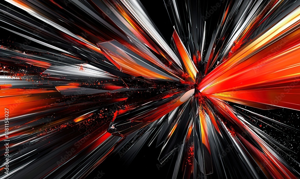 Poster abstract red and orange shards exploding from center on black background for digital art.