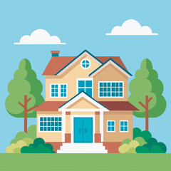 Fototapeta premium American Suburban Family House Vector Classic TwoStory Home with Trees and Red Roof 