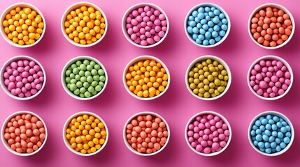 A playful arrangement of mini cereal bowls in a rainbow of colors on a marble countertop for National Cereal Day 