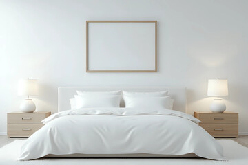 White minimalistic bedroom interior with king-size bed, lamps and painting