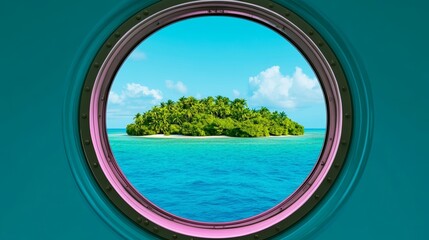A periscope view showing a tropical island and calm ocean waves with a submarine’s interior controls framing the shot for Submarine Day 