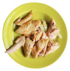 A collage of tasty chicken rice is isolated on a PNG background—delicious soy sauce chicken rice from a hawker stall in Singapore.