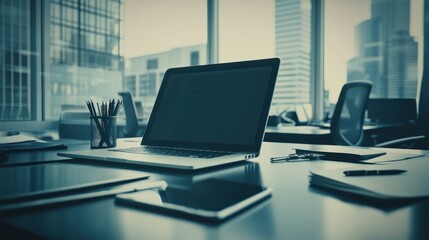 Modern Office Workspace: Laptop, Documents, and City View