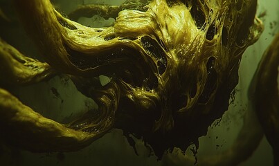 Obraz premium Abstract yellow organic tendrils swirling in dark green space, ideal for sci-fi or fantasy backgrounds.