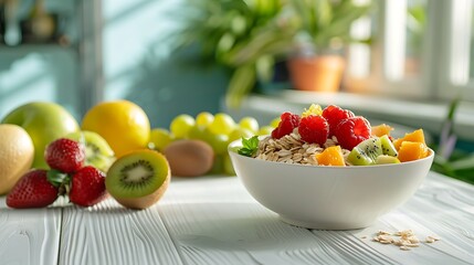 Healthy breakfast. Oatmeal with raspberries, peach and nuts on white wooden table