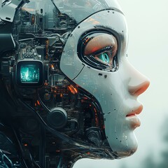 Fototapeta premium A futuristic humanoid robot with intricate circuitry and glowing features, showcasing the blending of technology and art in modern design. Perfect for themes of innovation and AI.