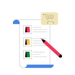 Shopping Checklist With Items And Pencil In Flat Vector Illustration Symbolizing Planning, Budgeting, And Retail, Isolated On White Background