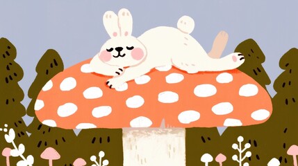 Rabbit watercolor concept. Plump Rabbit Doodle Resting on Giant Mushroom Cap in Whimsical Forest Landscape