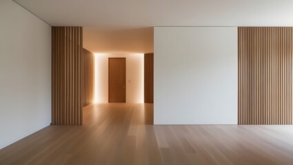 Fototapeta premium Empty room decorated with white wall and wood slat wall, wood door and wood floor