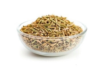 Pixel Perfect Picture of Fennel Seeds in a Transparent Bowl, Isolated on White