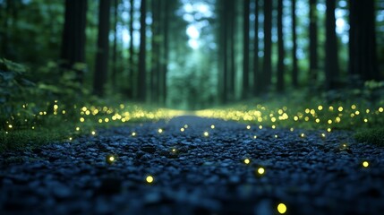 A magical scene of a forest illuminated by soft glowing lights and fireflies, creating an enchanting atmosphere for International Day of Forests 