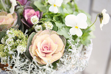 floral bricolage in soft pastel colors, wither pot gardening