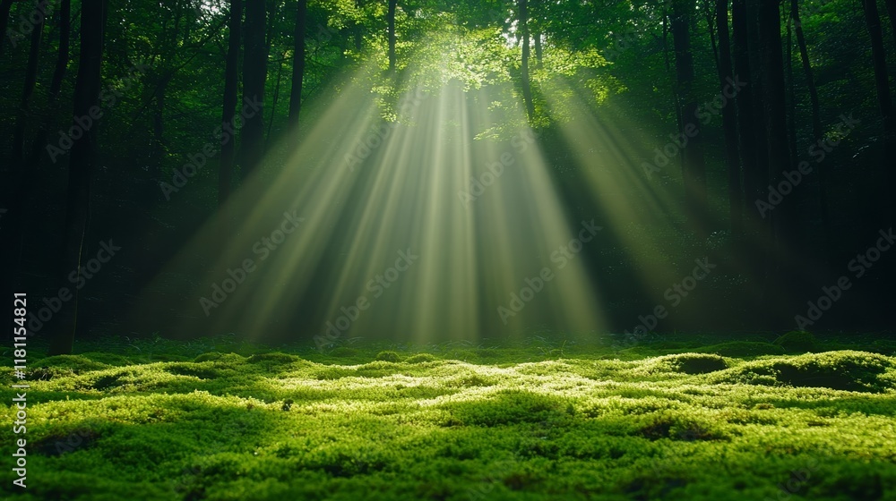Poster a lush forest with sunlight streaming through the dense canopy, creating a golden glow on the moss-c