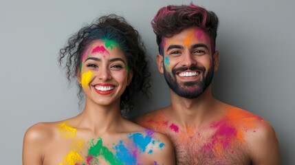 Fototapeta premium A joyful couple covered in bright Holi colors, holding hands and smiling under a gentle rain of powdered hues for the festival of love and colors 