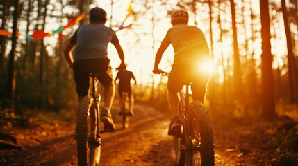A group of friends riding bicycles through a sunlit forest trail with colorful streamers flying behind them for the International Day of Happiness 