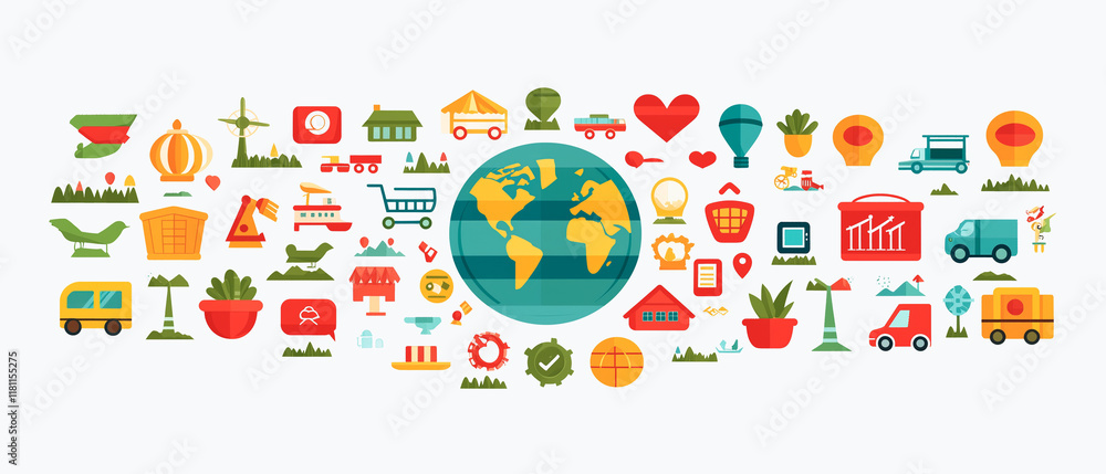 Poster global connection: a vibrant and colorful world map surrounded by icons representing various aspects