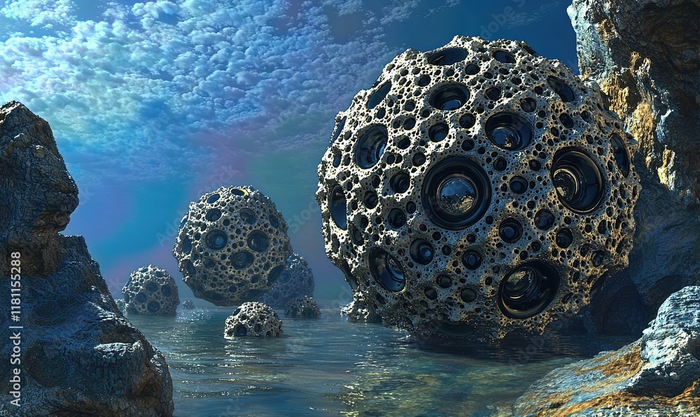 Poster alien planet landscape with spherical structures in shallow water under cloudy sky.