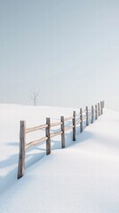 Minimalist winter landscape snowy field and wooden fence