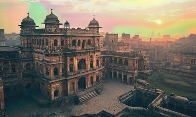 Naklejka premium Ancient Indian palace at sunrise with cityscape background, ideal for historical or travel content.