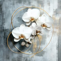 Elegant white orchids arranged with gold rings on a textured grey background.