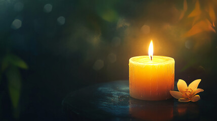 A golden yellow candle flickering softly in the dark, representing hope and warmth.