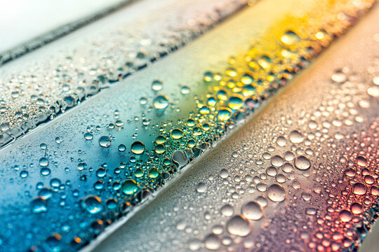 Colorful water droplets on a reflective surface create a vibrant display in natural light