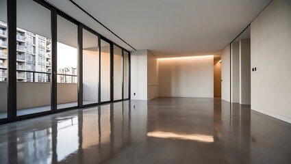 Fototapeta premium Empty modern interior design of apartment, empty interior with concrete flooring, windows