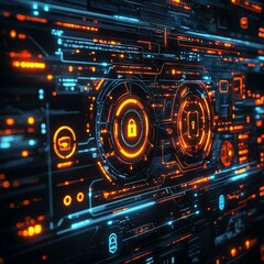 Obraz premium A vibrant digital interface showcasing cybersecurity measures with intricate neon patterns and locking mechanisms, symbolizing modern data protection and high-tech innovation.